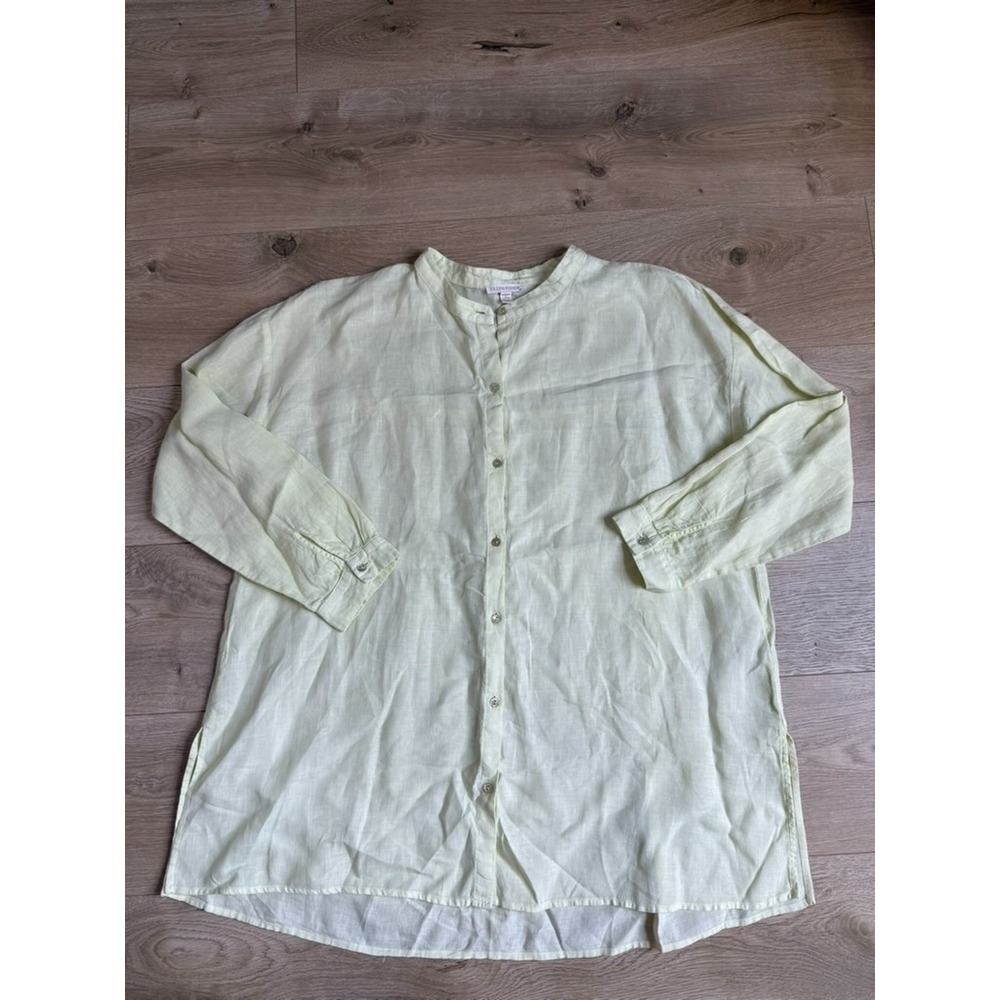 EUC Eileen Fisher button up organic linen Garment-Dyed handkercheif citrus sz PL